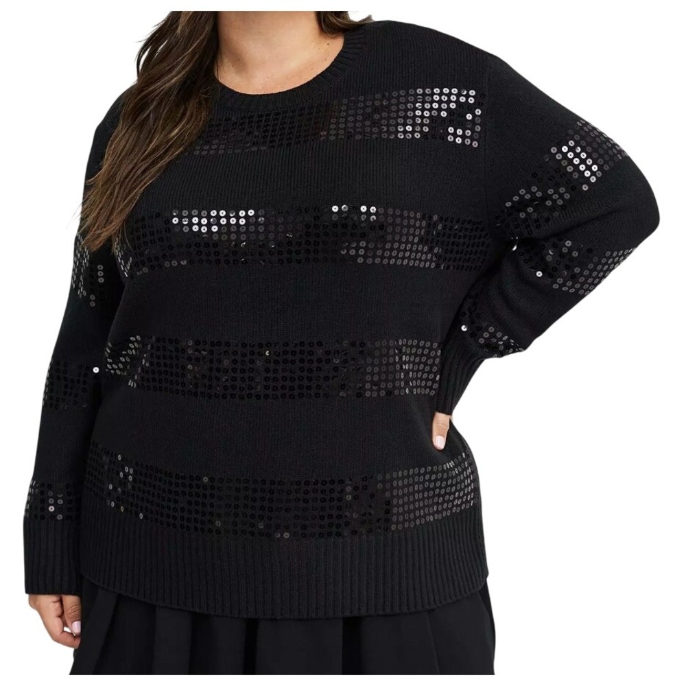 TORRID Womens Sequin Pullover Sweater 4X Black Striped Sparkle Holiday Glam